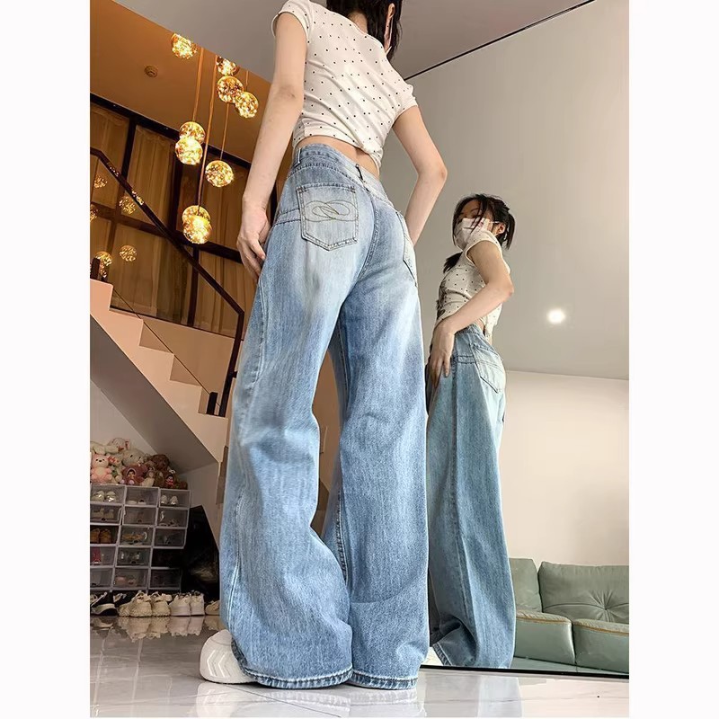 美式復古直筒牛仔褲女淺色高街設計感小個子高腰寬松垂感闊腿褲xs