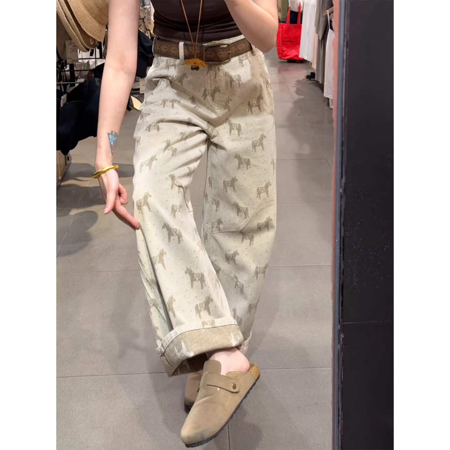 卡其色印花寬松直筒牛仔褲女夏季新款高腰寬松顯瘦垂感休閑拖地褲