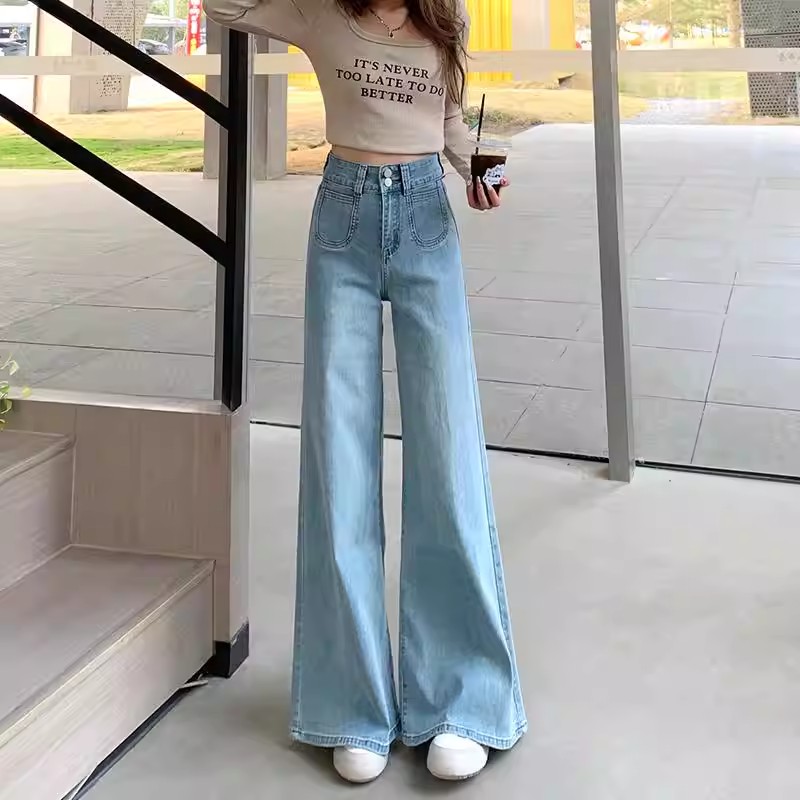 高腰闊腿褲牛仔褲女春秋季新款寬松顯瘦垂感大闊腳拖地褲子天空藍