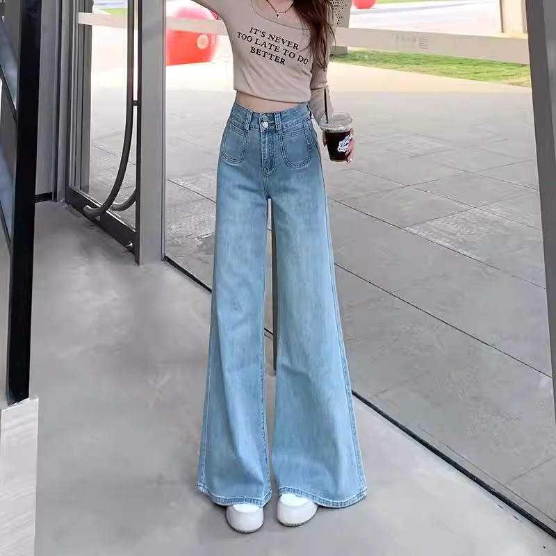 高腰闊腿褲牛仔褲女春秋季新款寬松顯瘦垂感大闊腳拖地褲子天空藍