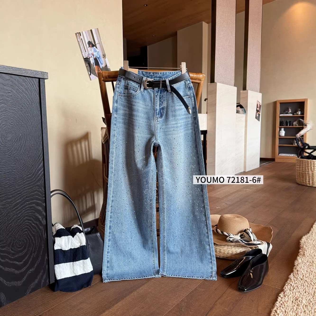 YOUMO有陌72181-6春季復古輕奢燙鉆洋氣百搭寬松高腰牛仔闊腿褲女