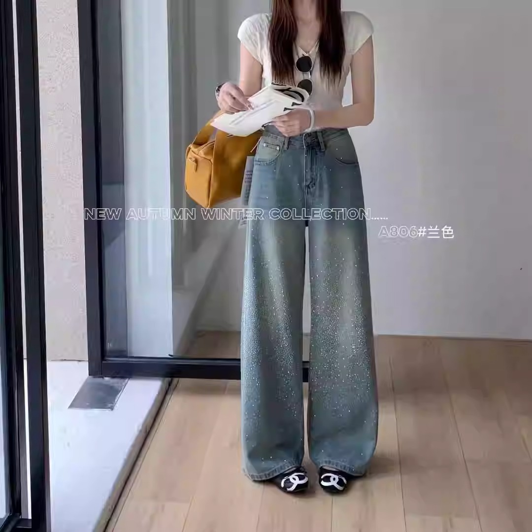 柔柔家滿天星亮鉆牛仔褲女2026春季高腰顯瘦休閑拖地闊腿褲A806