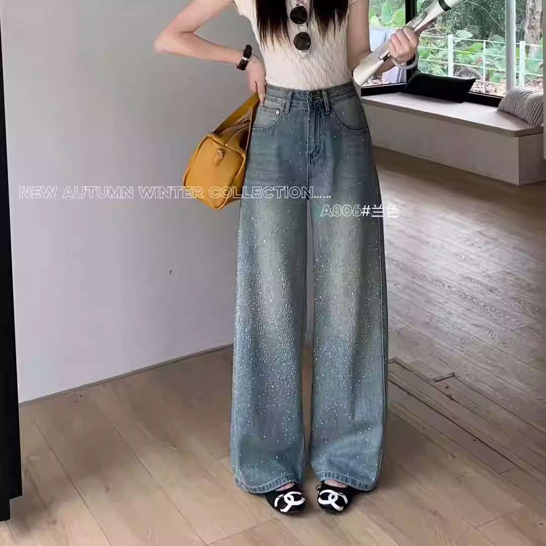 柔柔家滿天星亮鉆牛仔褲女2026春季高腰顯瘦休閑拖地闊腿褲A806