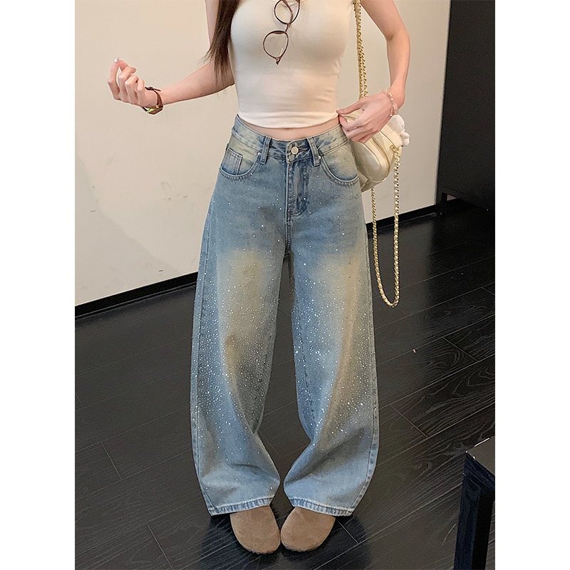復古燙鉆高腰闊腿牛仔褲女春夏季歐貨復古寬松顯瘦直筒休閑拖地褲