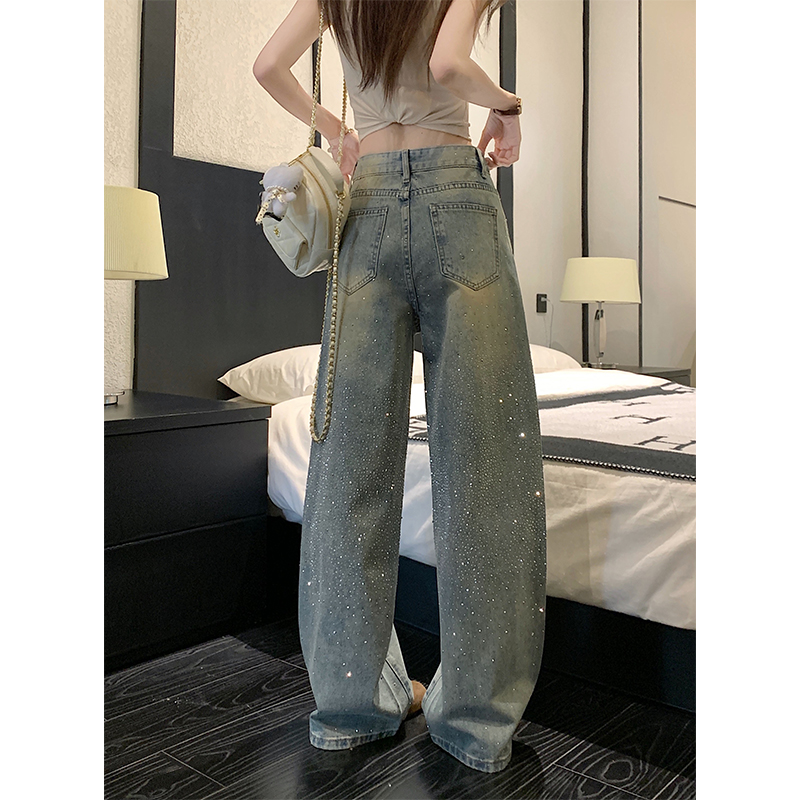 復古燙鉆高腰闊腿牛仔褲女春夏季歐貨復古寬松顯瘦直筒休閑拖地褲