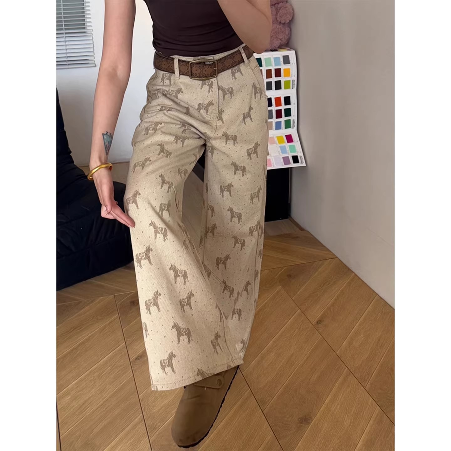 小馬褲子女款夏季寬松直筒闊腿褲大碼胖mm顯瘦小個子卡其色牛仔褲