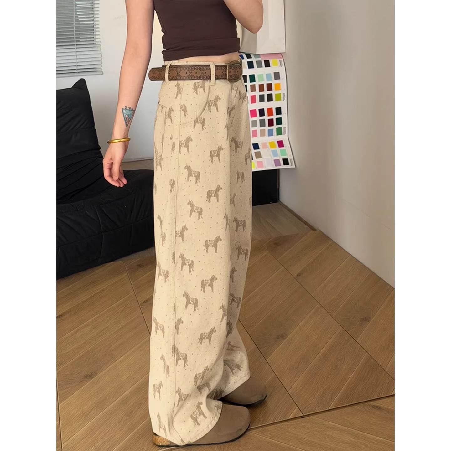 小馬褲子女款夏季寬松直筒闊腿褲大碼胖mm顯瘦小個子卡其色牛仔褲