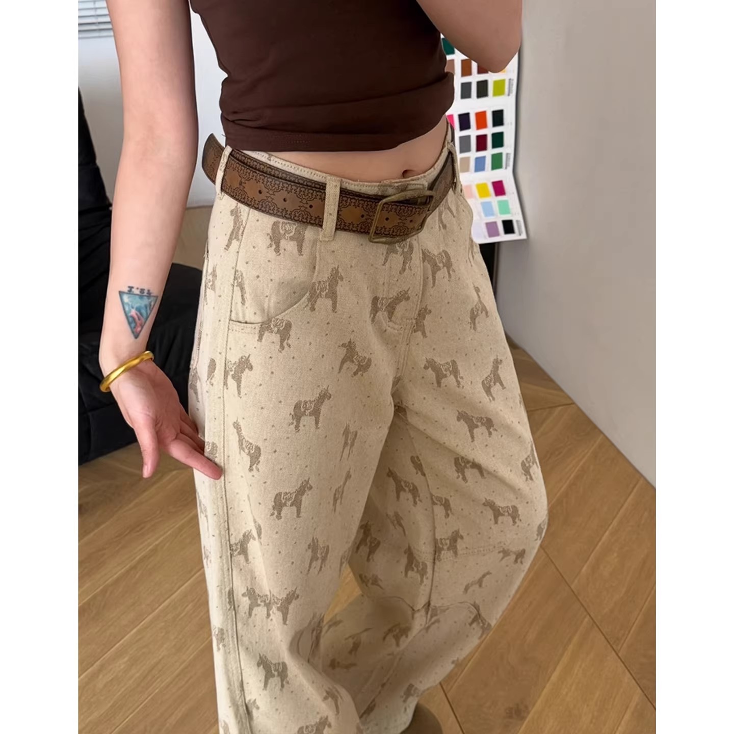 小馬褲子女款夏季寬松直筒闊腿褲大碼胖mm顯瘦小個子卡其色牛仔褲