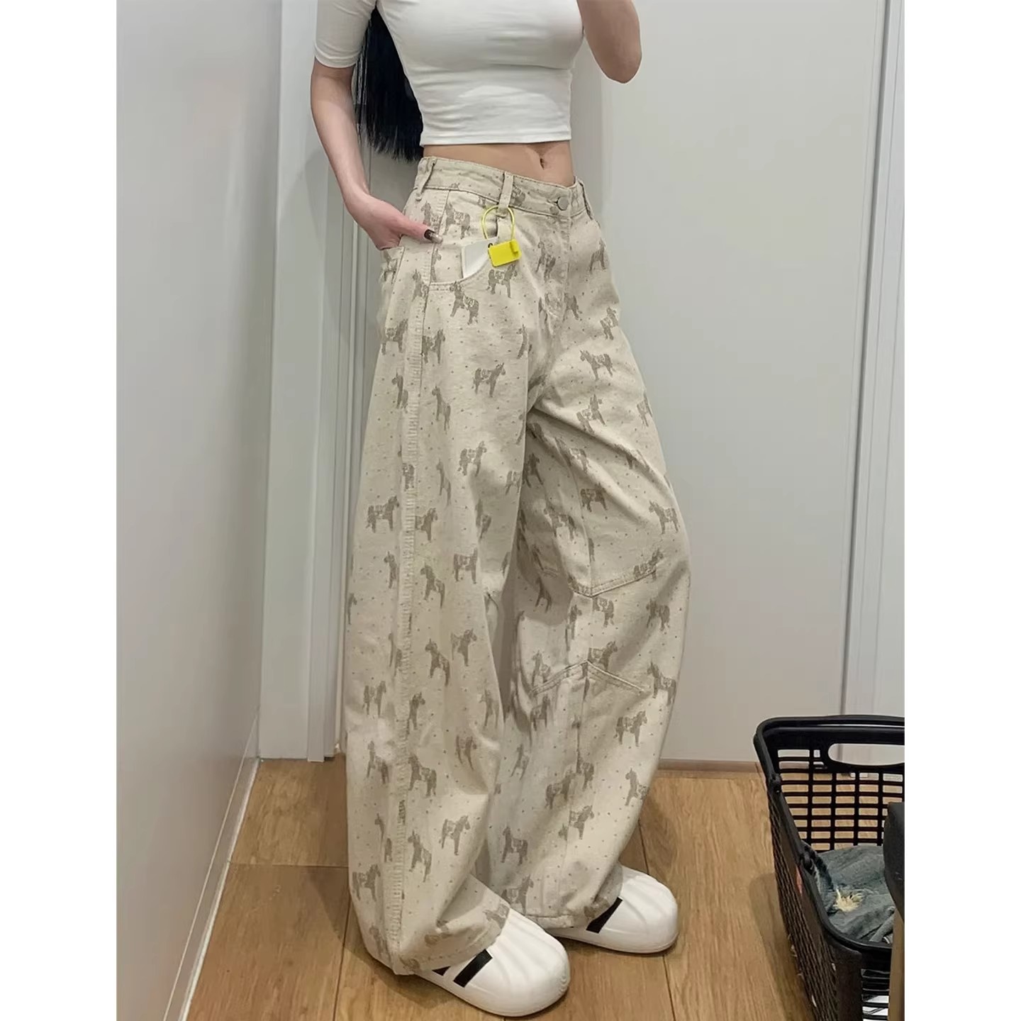 淺卡其色牛仔褲女款夏季薄款大碼胖mm顯瘦寬松闊腿褲小馬提花褲子