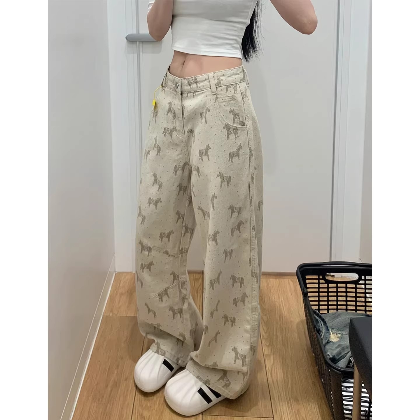 淺卡其色牛仔褲女款夏季薄款大碼胖mm顯瘦寬松闊腿褲小馬提花褲子