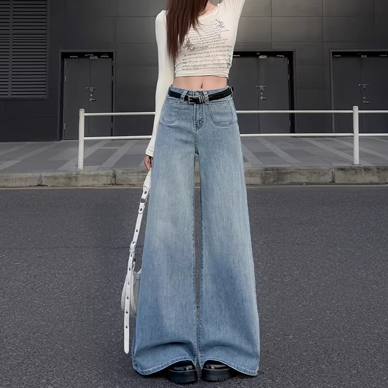 夏季美式淺藍色垂感喇叭闊腿牛仔褲女2025新款小個子高腰拖地長褲