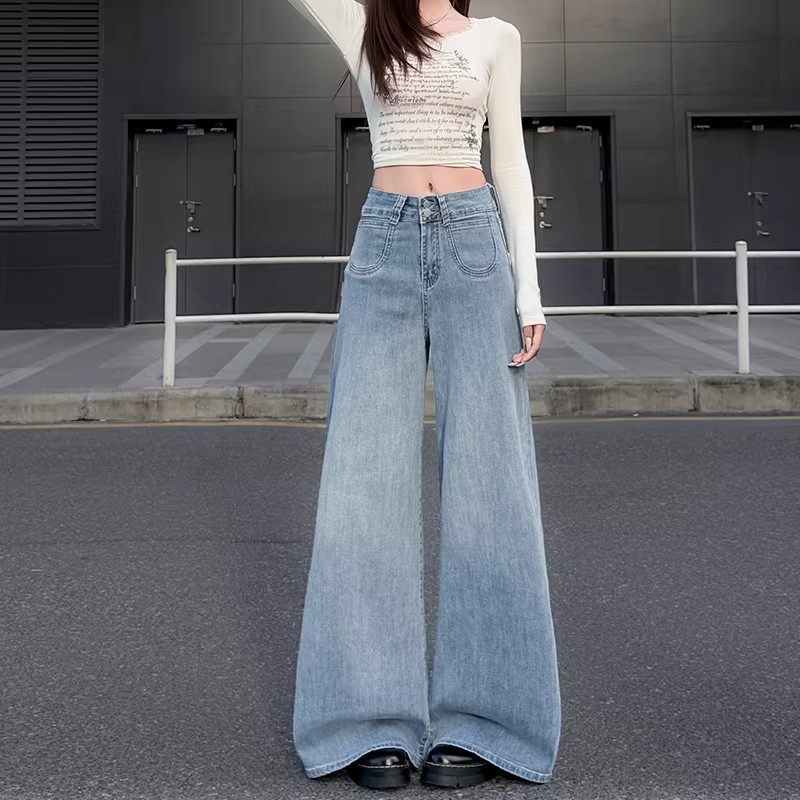 夏季美式淺藍色垂感喇叭闊腿牛仔褲女2025新款小個子高腰拖地長褲