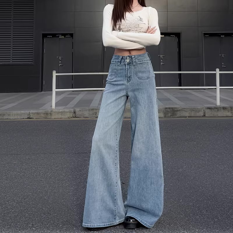 夏季美式淺藍色垂感喇叭闊腿牛仔褲女2025新款小個子高腰拖地長褲