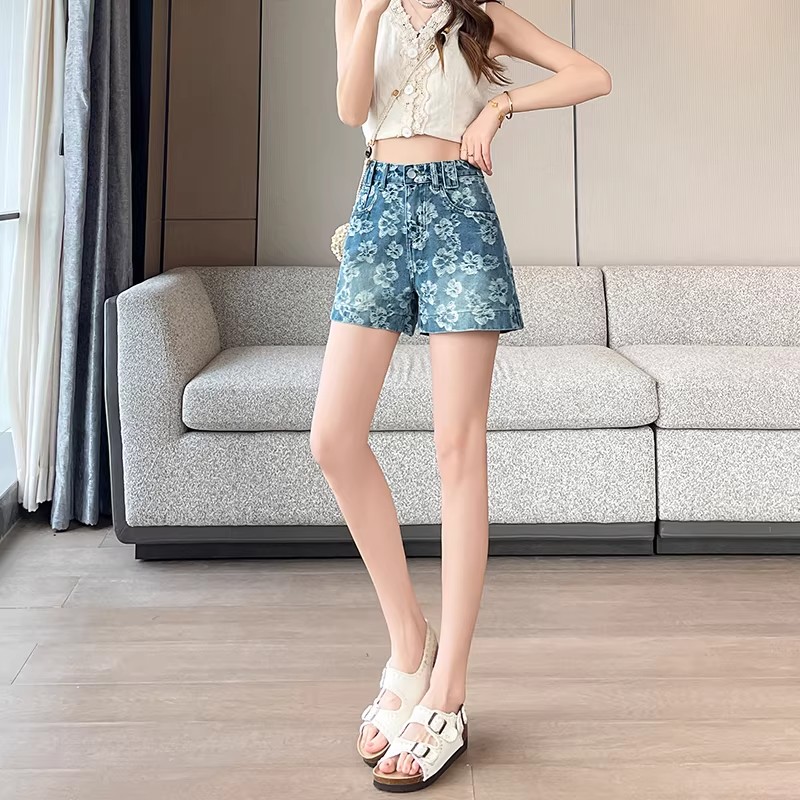 高腰顯瘦碎花牛仔短褲女夏季新款薄超火復古提花小個子ins熱褲子