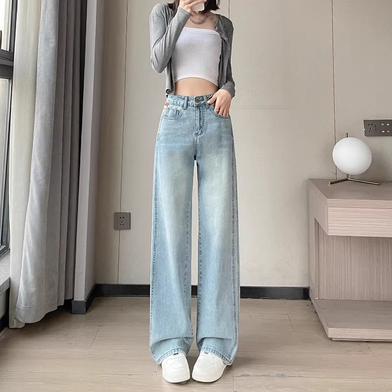 淺藍色直筒牛仔褲女春秋2026年新款高腰顯瘦窄版夏季薄款闊腿褲子