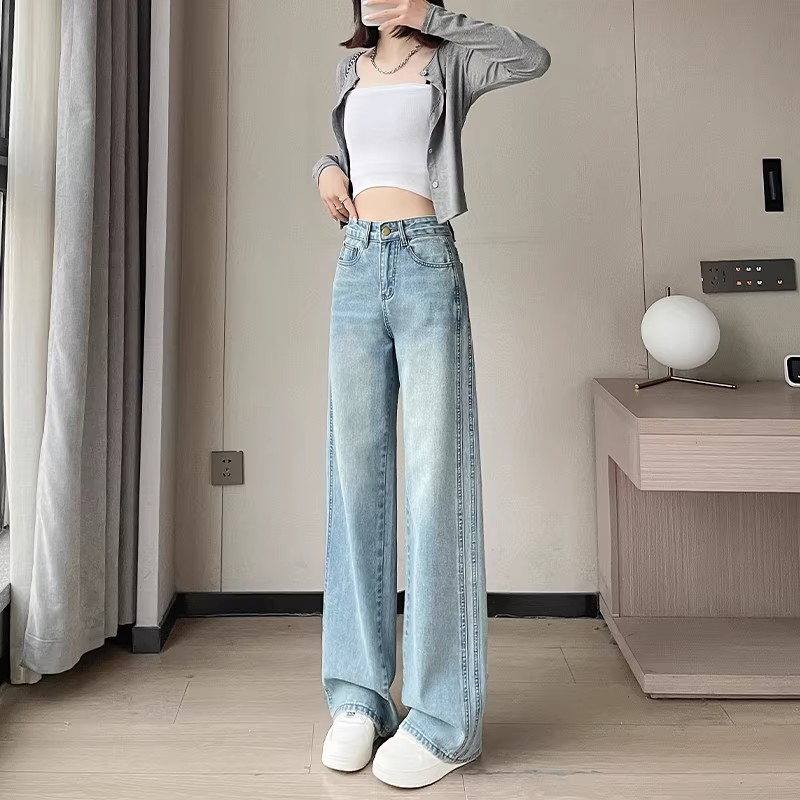 淺藍色直筒牛仔褲女春秋2026年新款高腰顯瘦窄版夏季薄款闊腿褲子