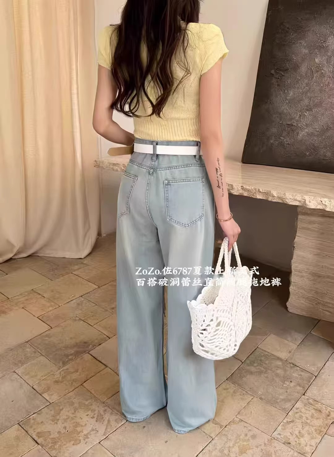 26新款高腰顯瘦時尚百搭蕾絲破洞牛仔褲女舒適透氣直筒闊腿拖地褲