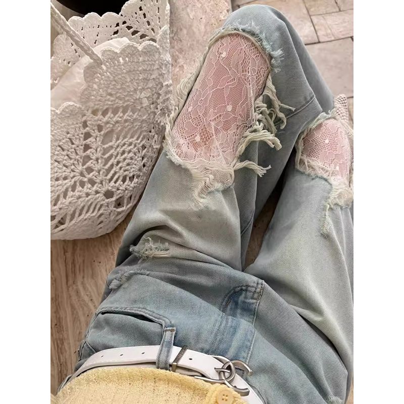 26新款高腰顯瘦時尚百搭蕾絲破洞牛仔褲女舒適透氣直筒闊腿拖地褲