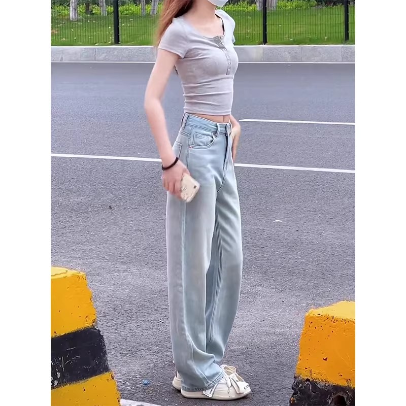 淺色牛仔褲女夏季薄款2026新款高腰冰絲垂感小個子直筒窄版闊腿褲