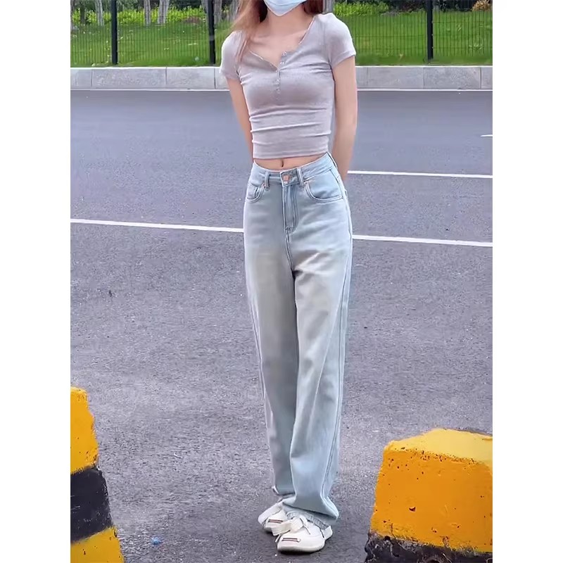 淺色牛仔褲女夏季薄款2026新款高腰冰絲垂感小個子直筒窄版闊腿褲