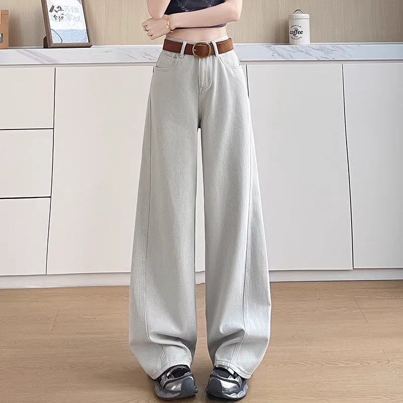 奶茶色闊腿牛仔褲女2026夏季高腰寬松梨形身材顯瘦寬腿拖地彎刀褲