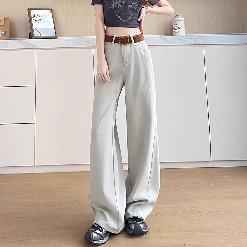 奶茶色闊腿牛仔褲女2026夏季高腰寬松梨形身材顯瘦寬腿拖地彎刀褲