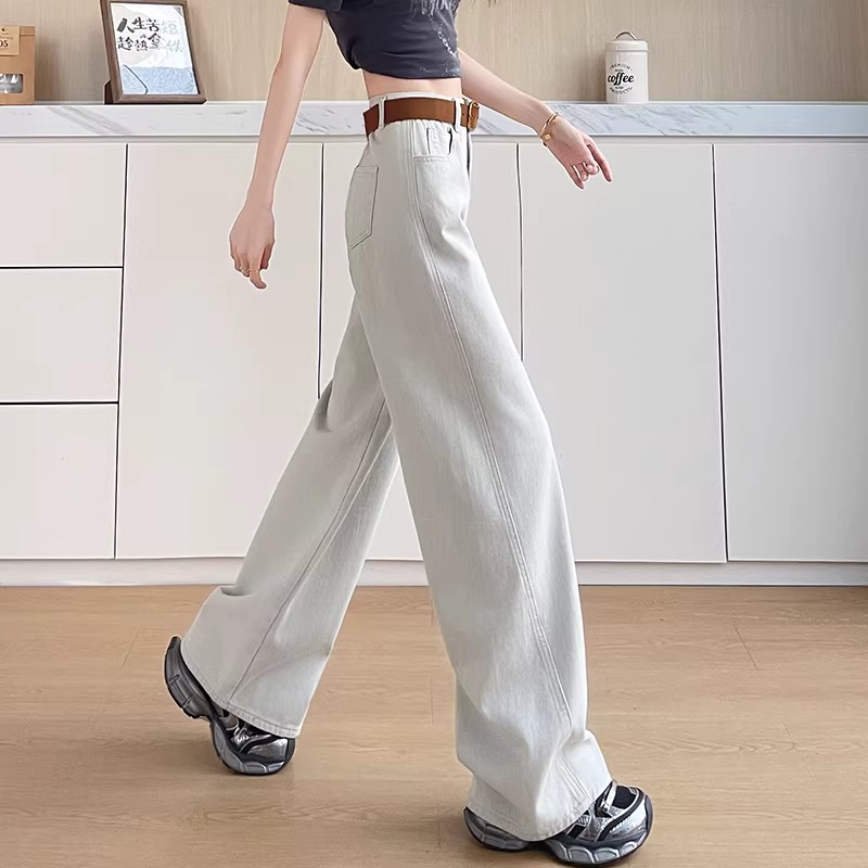 奶茶色闊腿牛仔褲女2026夏季高腰寬松梨形身材顯瘦寬腿拖地彎刀褲