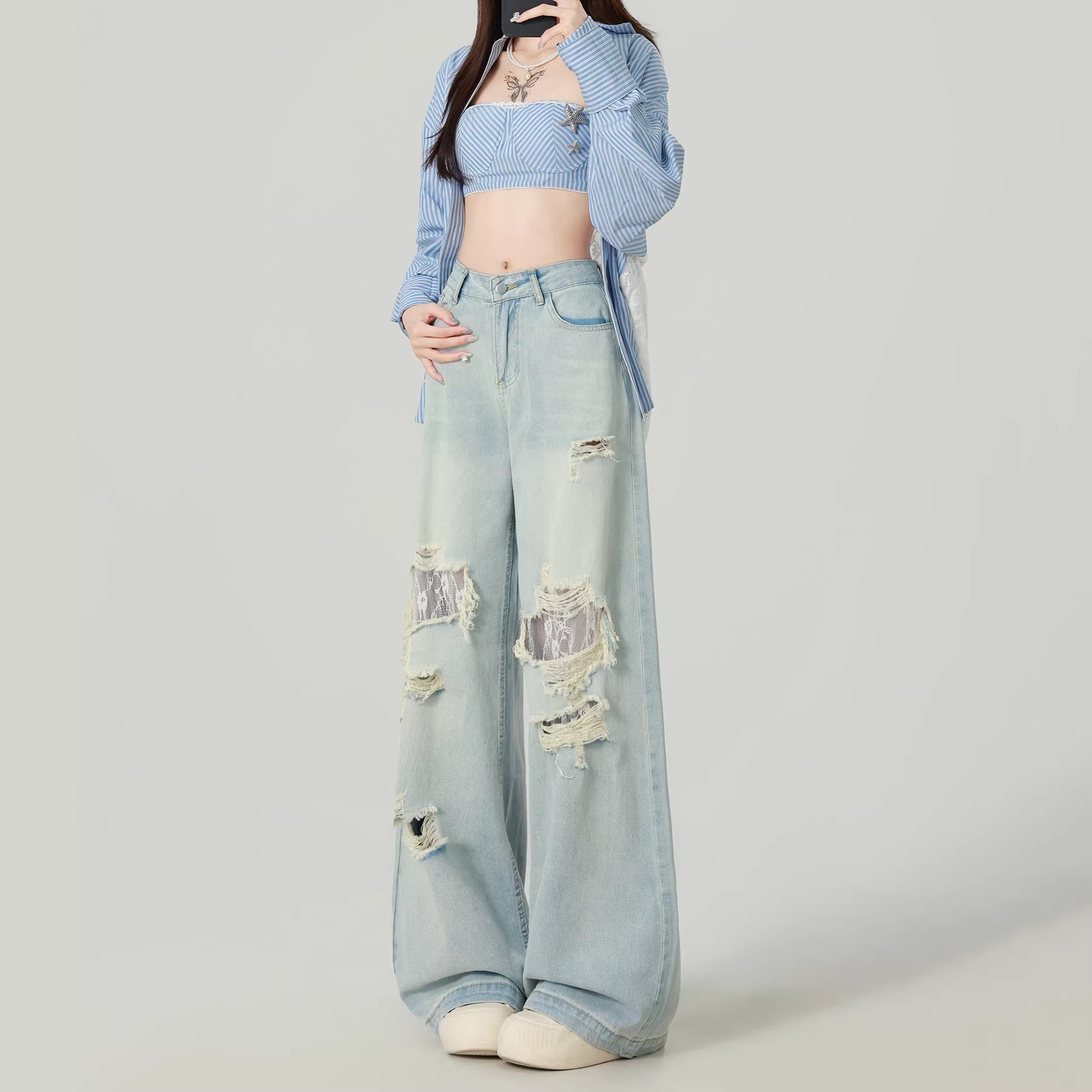 高腰垂感破洞牛仔褲女2026夏季蕾絲拼接設計感寬松顯瘦窄版闊腿褲