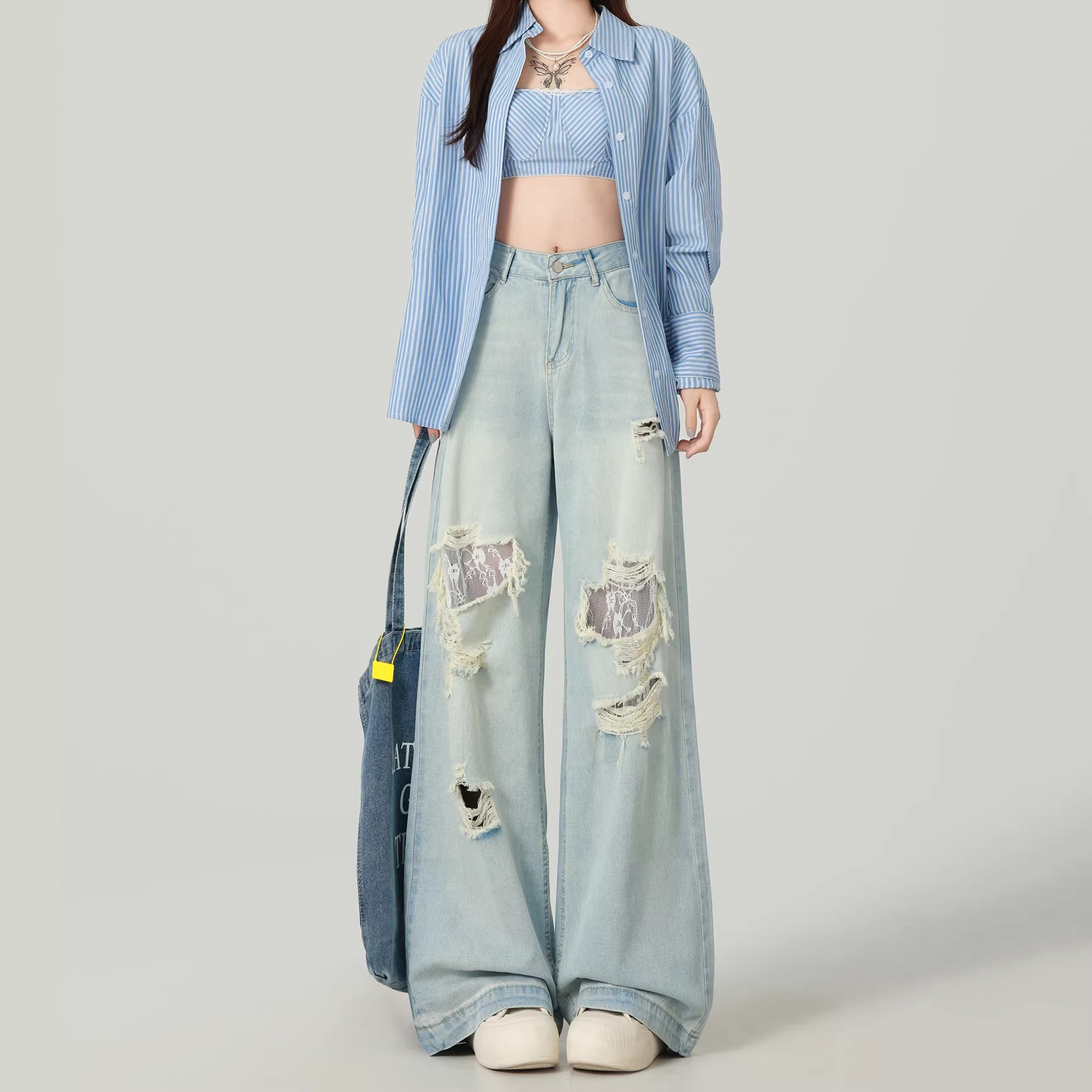 高腰垂感破洞牛仔褲女2026夏季蕾絲拼接設計感寬松顯瘦窄版闊腿褲