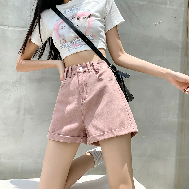 臟粉色高腰牛仔短褲女夏2026年新款寬松顯瘦薄款卷邊辣妹a字短褲