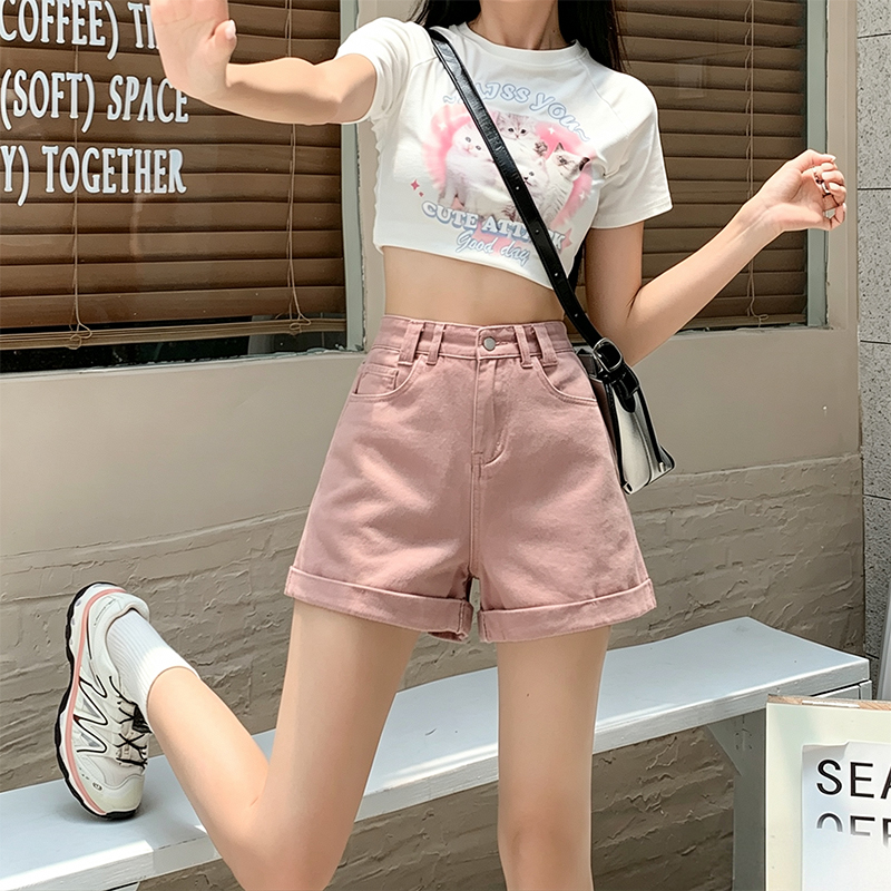 臟粉色高腰牛仔短褲女夏2026年新款寬松顯瘦薄款卷邊辣妹a字短褲