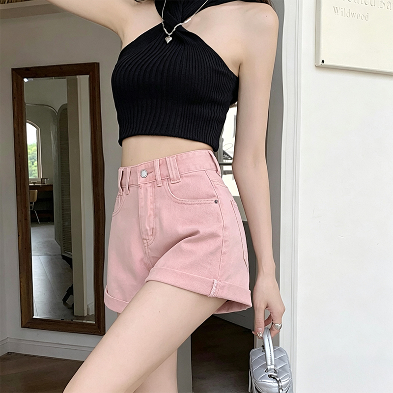 粉色卷邊牛仔短褲女夏季新款潮流休閑減齡熱褲高腰顯瘦闊腿短褲