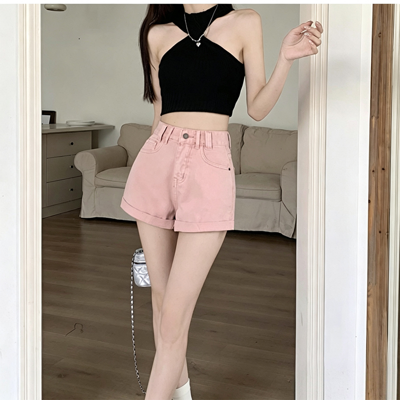 粉色卷邊牛仔短褲女夏季新款潮流休閑減齡熱褲高腰顯瘦闊腿短褲