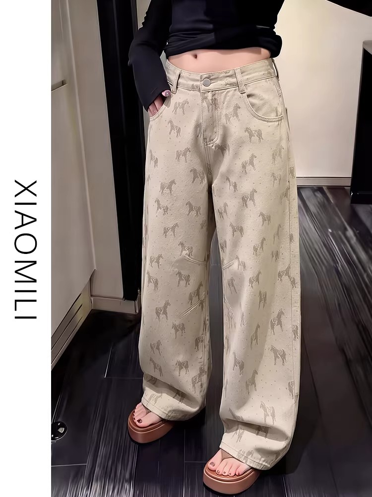 卡其色小馬印花牛仔褲女夏季新款松弛感高腰遮肉顯瘦闊腿褲拖地褲