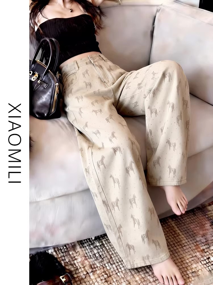 卡其色小馬印花牛仔褲女夏季新款松弛感高腰遮肉顯瘦闊腿褲拖地褲