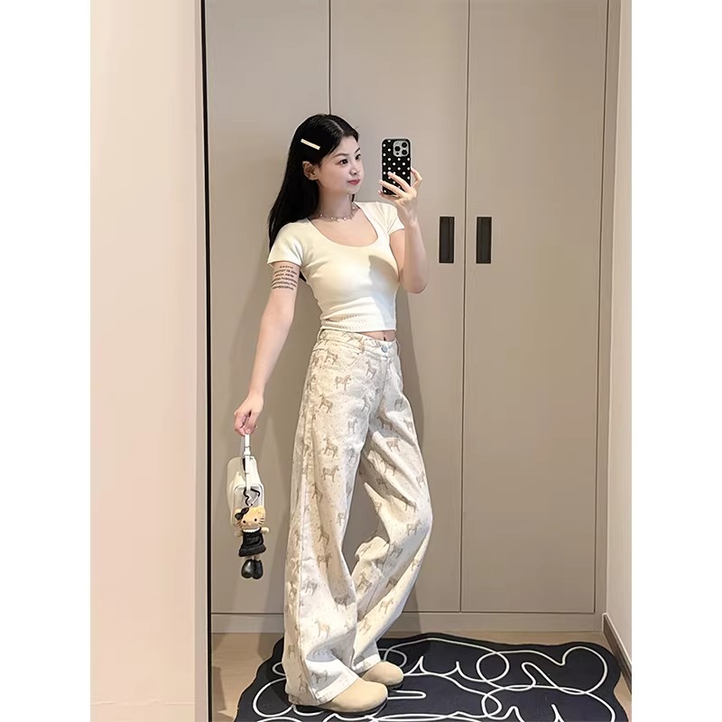 發財小馬印花復古闊腿牛仔褲女小個子美式高腰寬松垂感顯瘦直筒褲