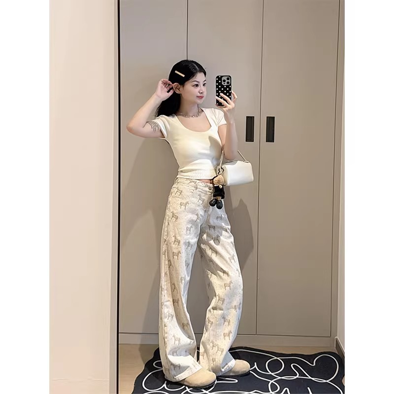 發財小馬印花復古闊腿牛仔褲女小個子美式高腰寬松垂感顯瘦直筒褲