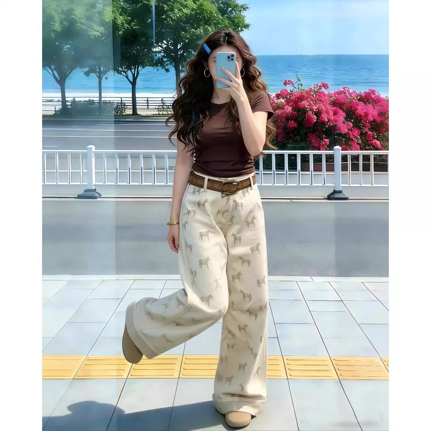 卡其色印花寬松直筒牛仔褲女夏季新款高腰顯瘦休閑百搭窄版闊腿褲