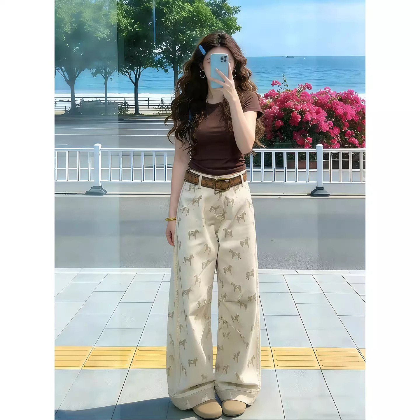 卡其色印花寬松直筒牛仔褲女夏季新款高腰顯瘦休閑百搭窄版闊腿褲
