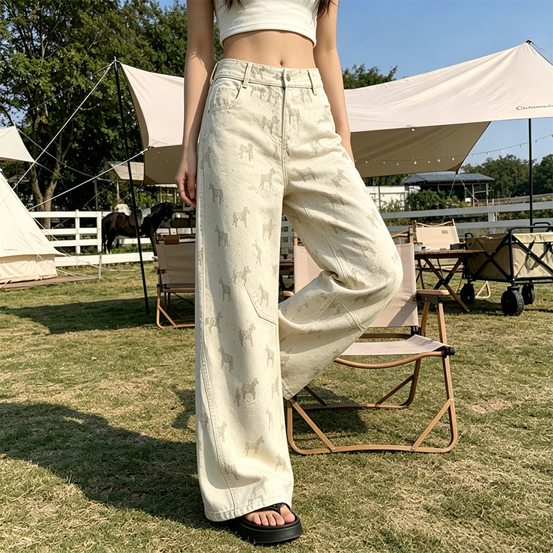 卡其色印花寬松直筒牛仔褲女夏季新款高腰顯瘦休閑百搭窄版闊腿褲