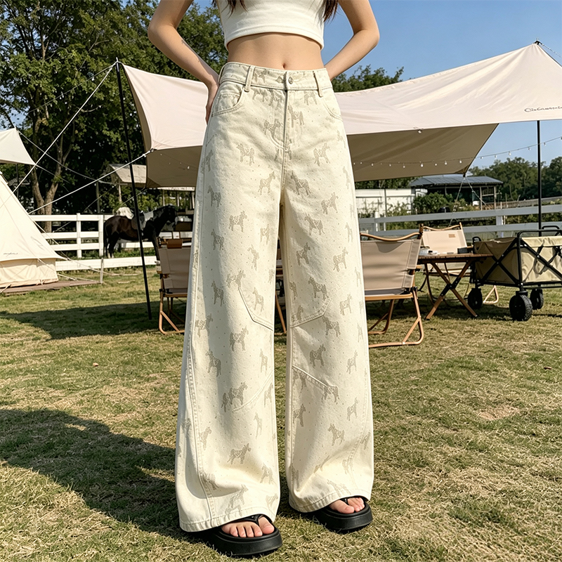 卡其色印花寬松直筒牛仔褲女夏季新款高腰顯瘦休閑百搭窄版闊腿褲