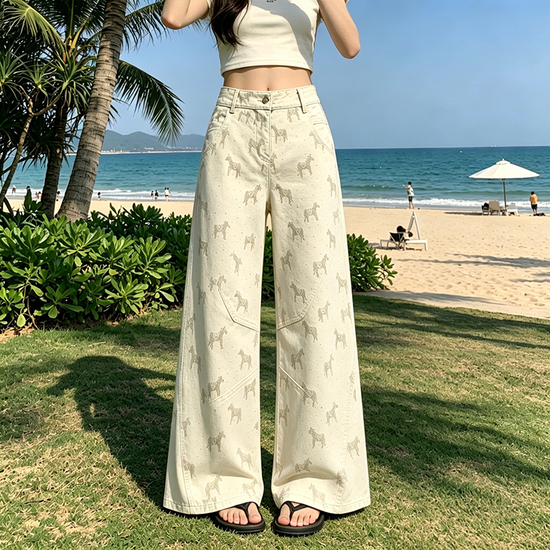 設計感小馬提花牛仔褲女2026春季新款高腰復古直筒休閑咖色闊腿褲