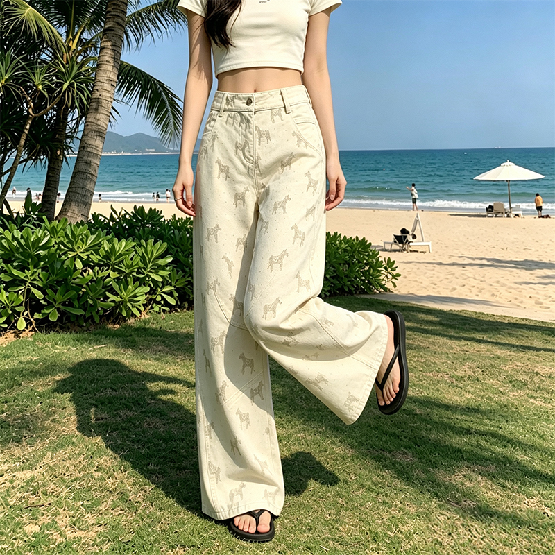 設計感小馬提花牛仔褲女2026春季新款高腰復古直筒休閑咖色闊腿褲