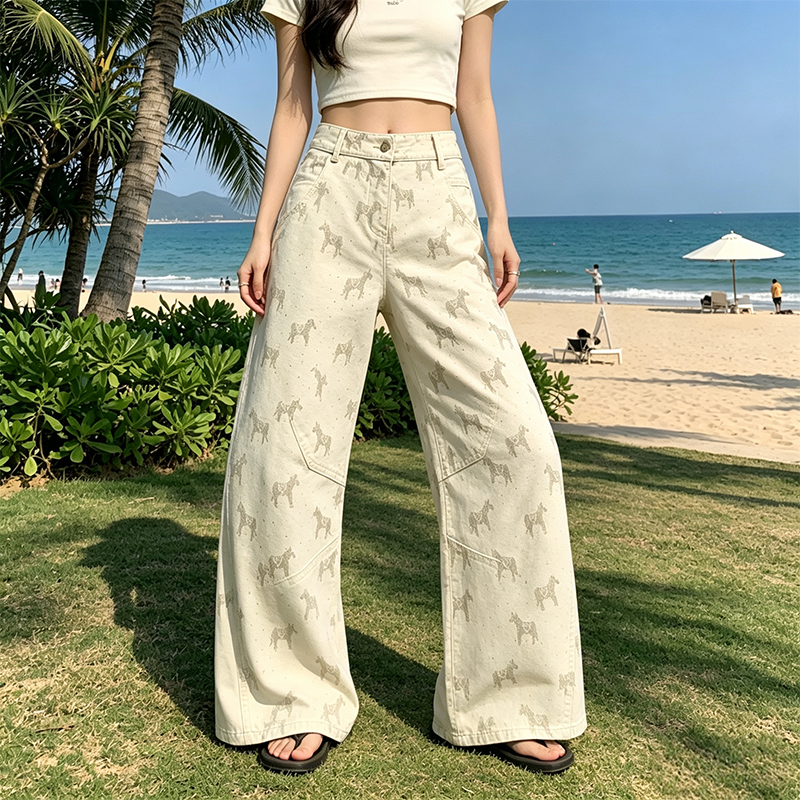 設計感小馬提花牛仔褲女2026春季新款高腰復古直筒休閑咖色闊腿褲