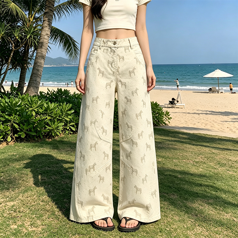 設計感小馬提花牛仔褲女2026春季新款高腰復古直筒休閑咖色闊腿褲