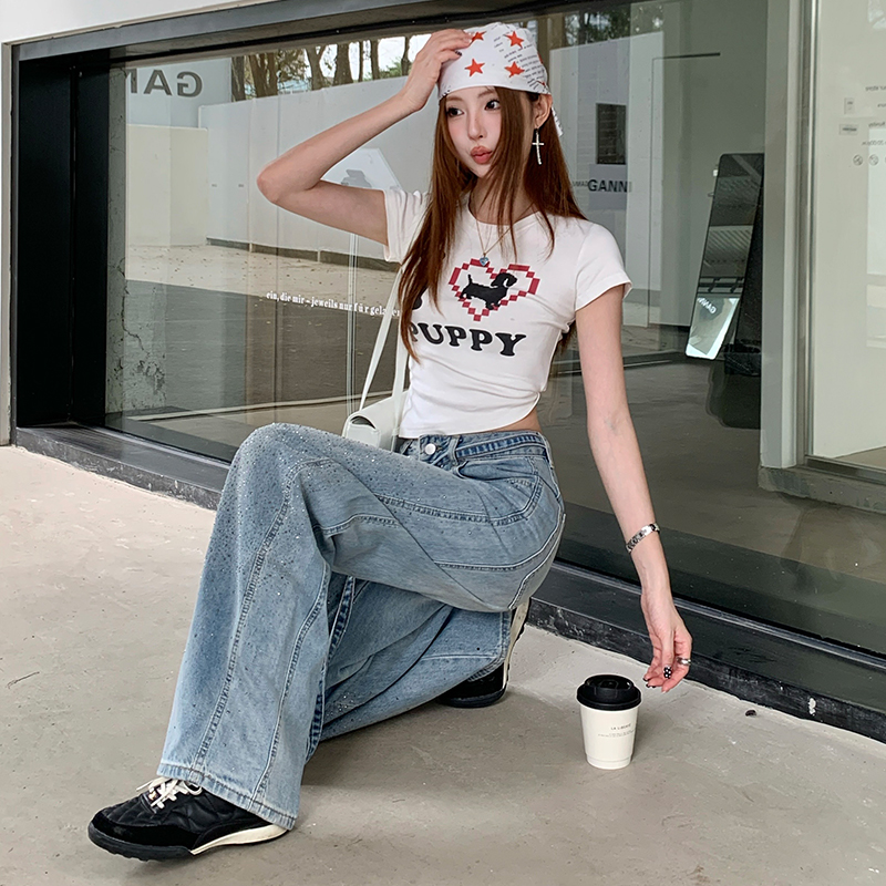 滿天星燙鉆闊腿牛仔褲女2026年夏季新款高腰顯瘦小個子休閑拖地褲