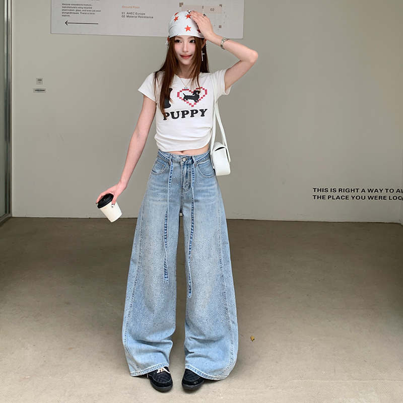 滿天星燙鉆闊腿牛仔褲女2026年夏季新款高腰顯瘦小個子休閑拖地褲