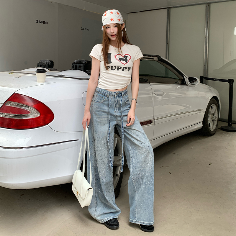 滿天星燙鉆闊腿牛仔褲女2026年夏季新款高腰顯瘦小個子休閑拖地褲