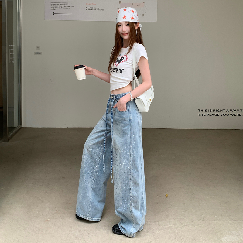滿天星燙鉆闊腿牛仔褲女2026年夏季新款高腰顯瘦小個子休閑拖地褲