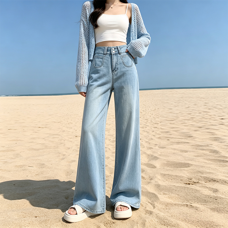 小個子萊賽爾軟牛仔闊腿褲女2026夏季九分薄款冰絲喇叭褲顯高褲子